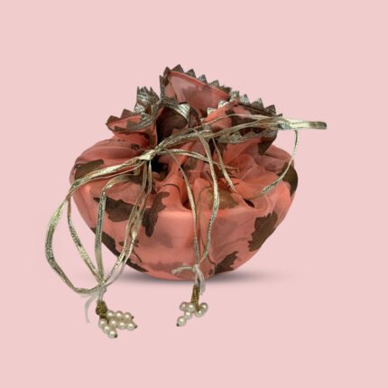 Peach Floral Organza Pearl Tassel Potli Bag