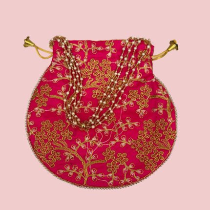 Floral Embroidered Pearl Handle Potli Bag – Pink, Emerald Green & Ivory Gold