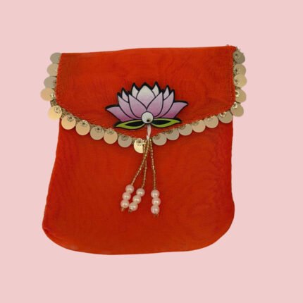 Lotus Bloom Handcrafted Potli Clutch – Olive Green, Royal Red, Lavender & Rust Orange